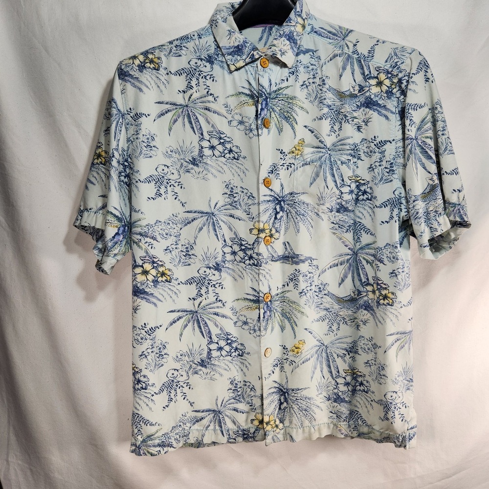 Tommy‎ Bahama Mens Silk Shirt Mens Medium Blue Tropical Hawaiian Beach Shirt